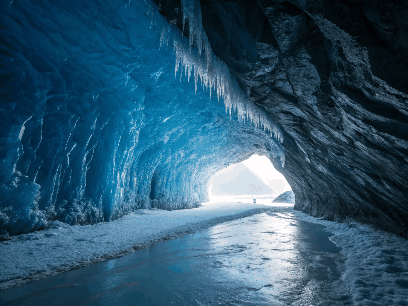 Deep blue glacial ice cave fracture with sunlight streaming through compressed ice layers