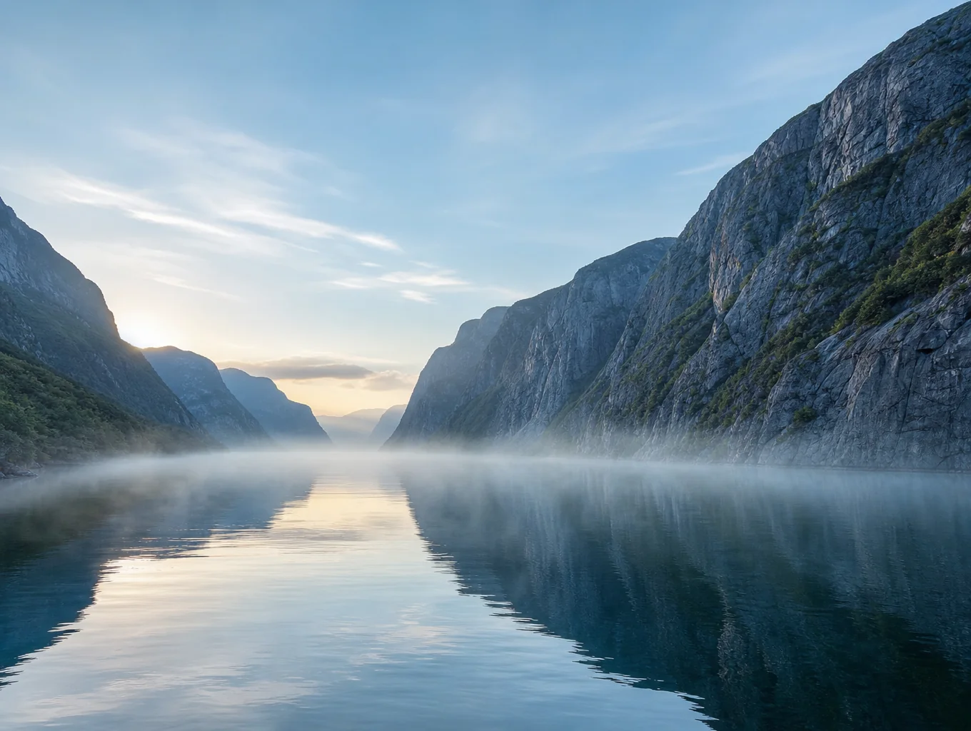 Morning mist hanging low over dramatic fjord waters reflecting vertical mountain cliffs