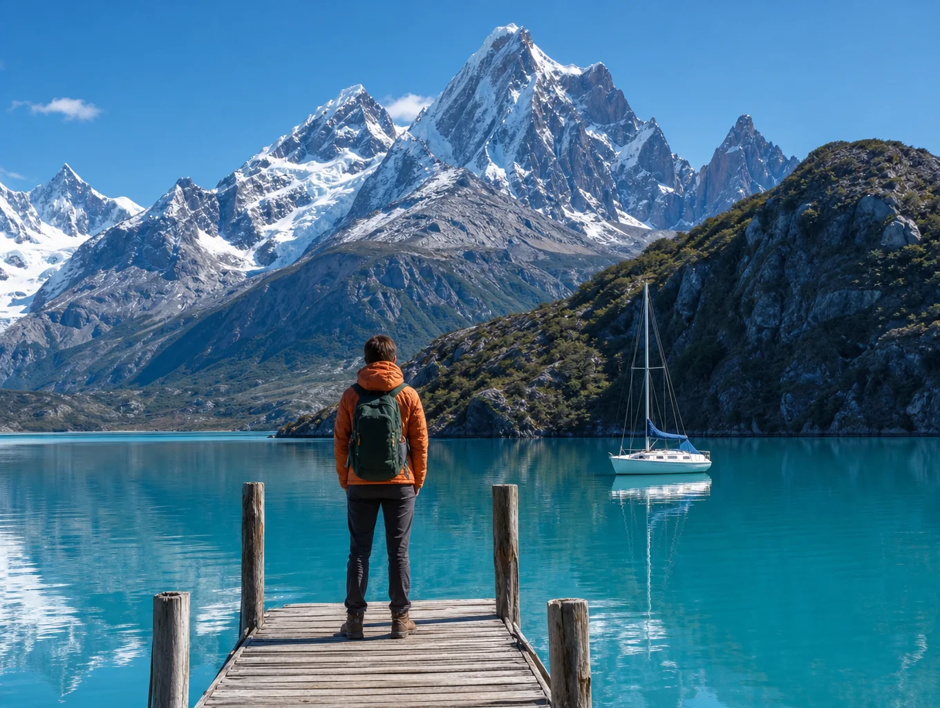Turquoise glacial lake with reflective ripples framed by towering Patagonian granite massifs
